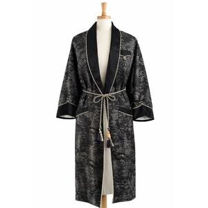 VTG 70s Japanese Smoking Robe Black Satin Pagoda Print Kimono Jacket Deadstock S